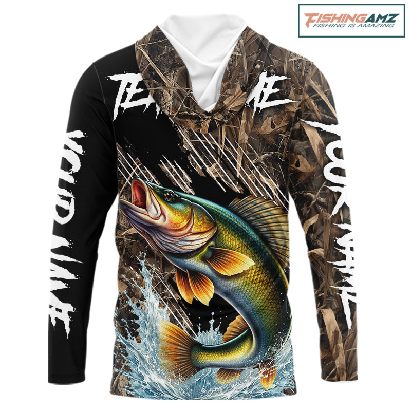 Walleye Fishing Shirts Long Sleeve Hooded Camouflage For Men, Walleye Fishing Apparel NHT434