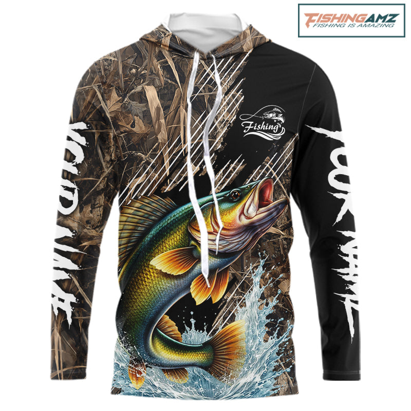 Walleye Fishing Shirts Long Sleeve Hooded Camouflage For Men, Walleye Fishing Apparel NHT434