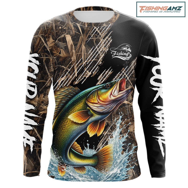 Walleye Fishing Shirts Long Sleeve Camouflage For Men, Walleye Fishing Apparel NHT434