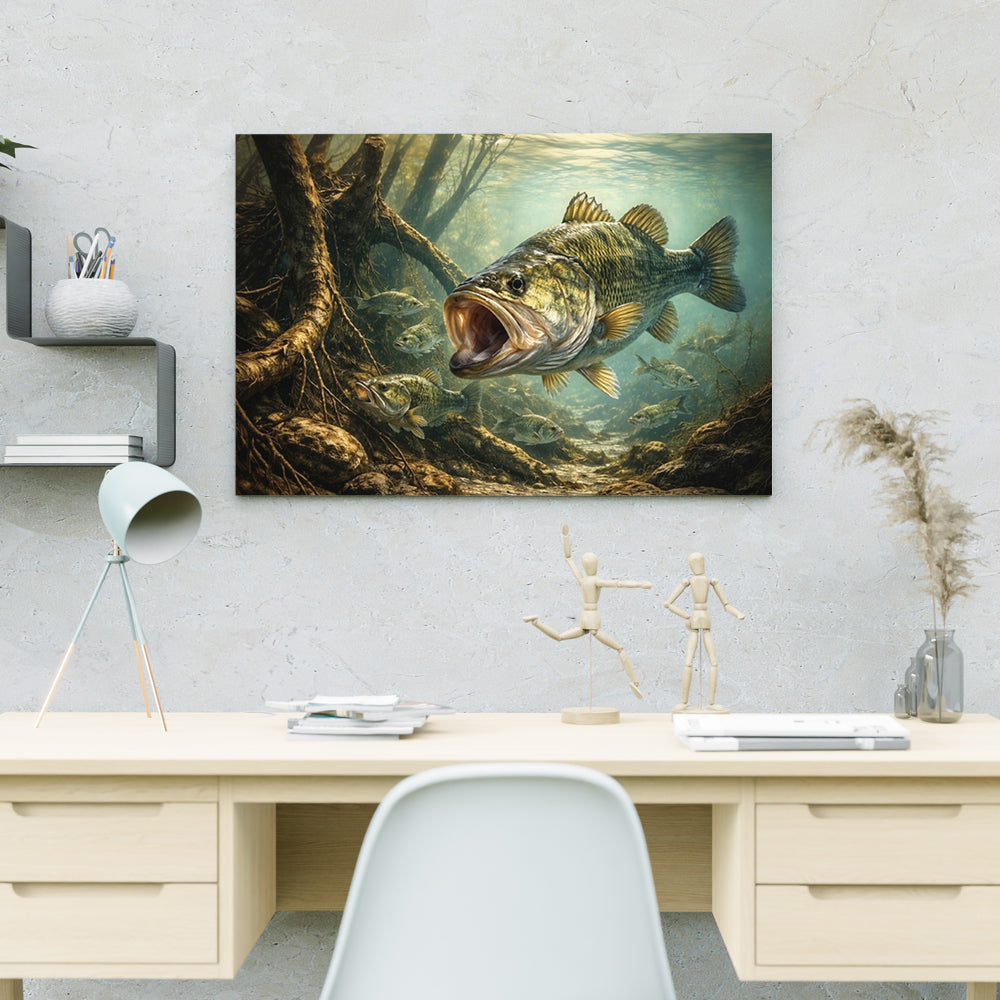 Big Bass Fish Wall Art Canvas, Underwater Largemouth Bass Fishing Canvas Art NHT486