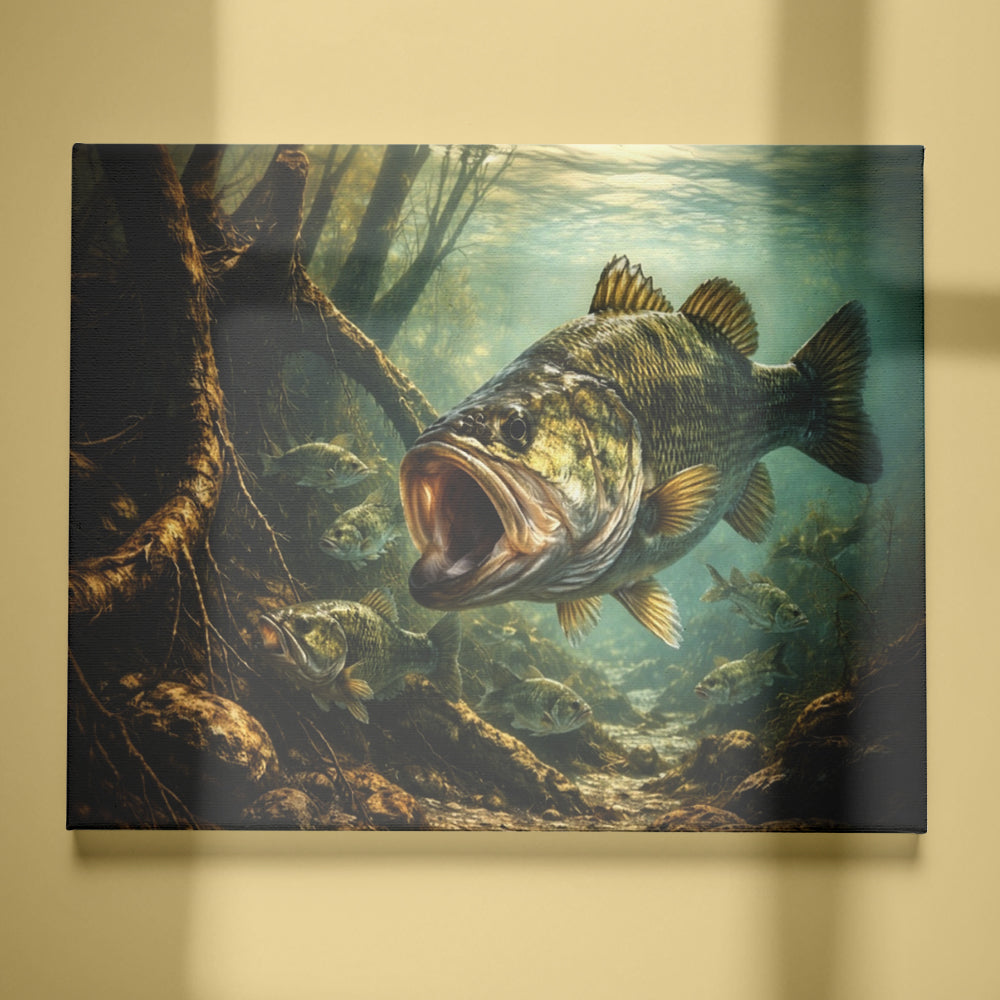 Big Bass Fish Wall Art Canvas, Underwater Largemouth Bass Fishing Canvas Art NHT486