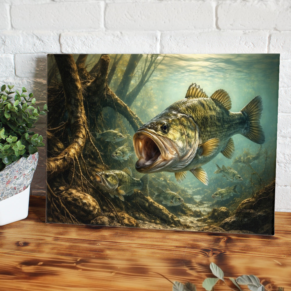 Big Bass Fish Wall Art Canvas, Underwater Largemouth Bass Fishing Canvas Art NHT486