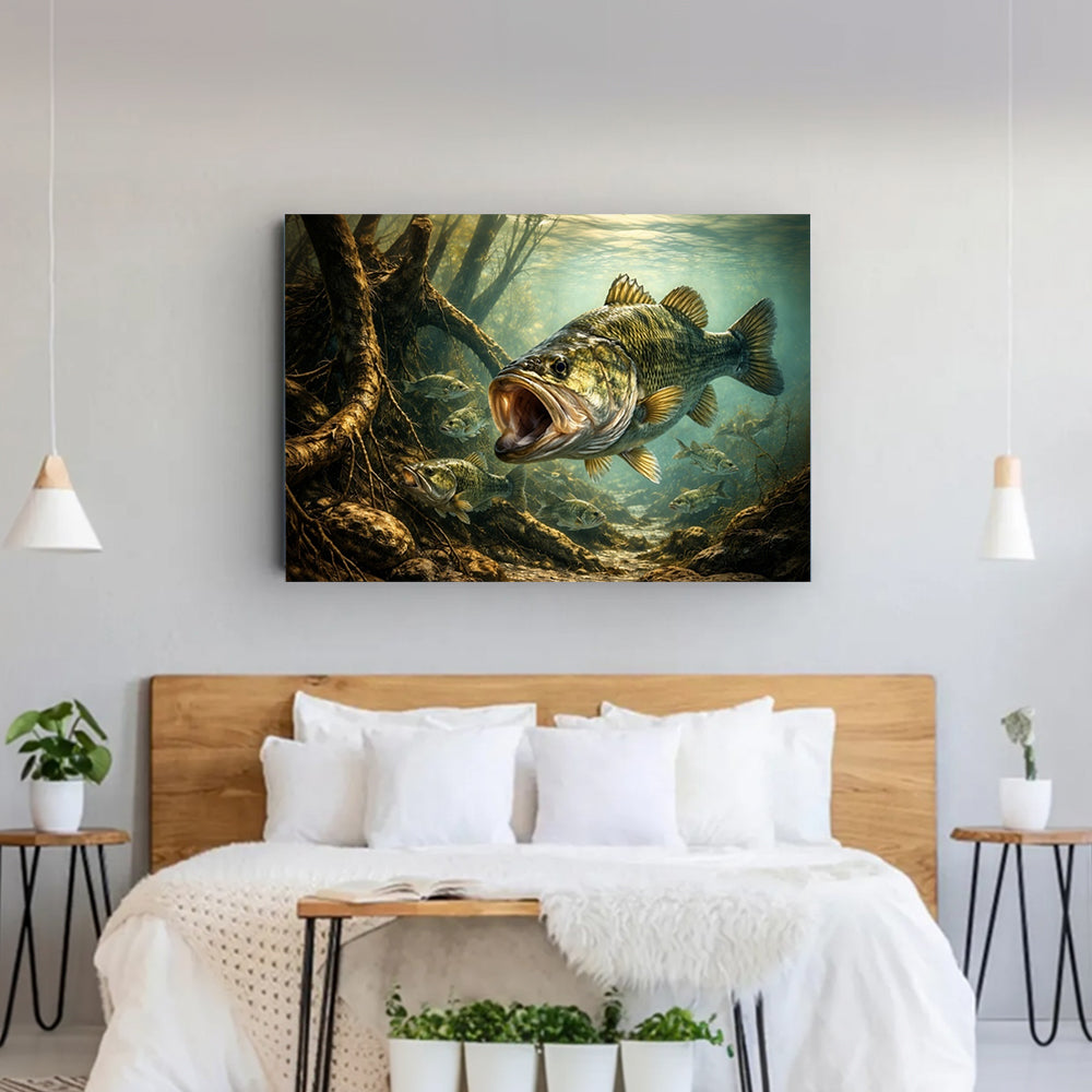 Big Bass Fish Wall Art Canvas, Underwater Largemouth Bass Fishing Canvas Art NHT486