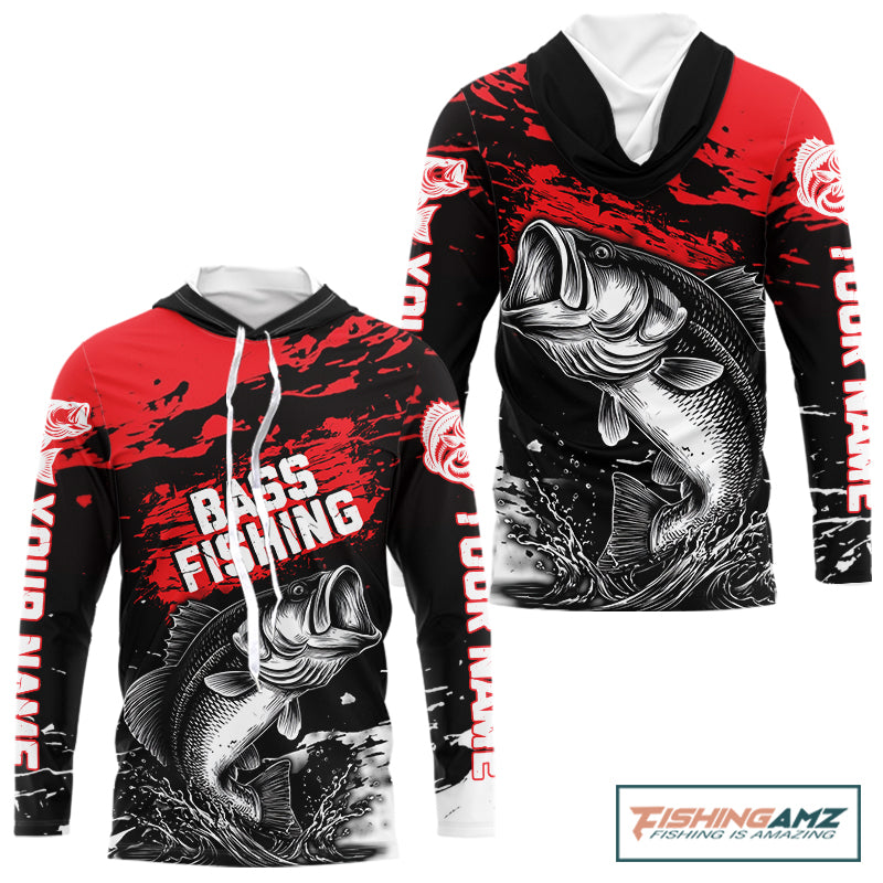 Custom Hooded Bass Fishing Jersey, Black And Red Bass Long Sleeve Tournament Fishing Shirts NHT492