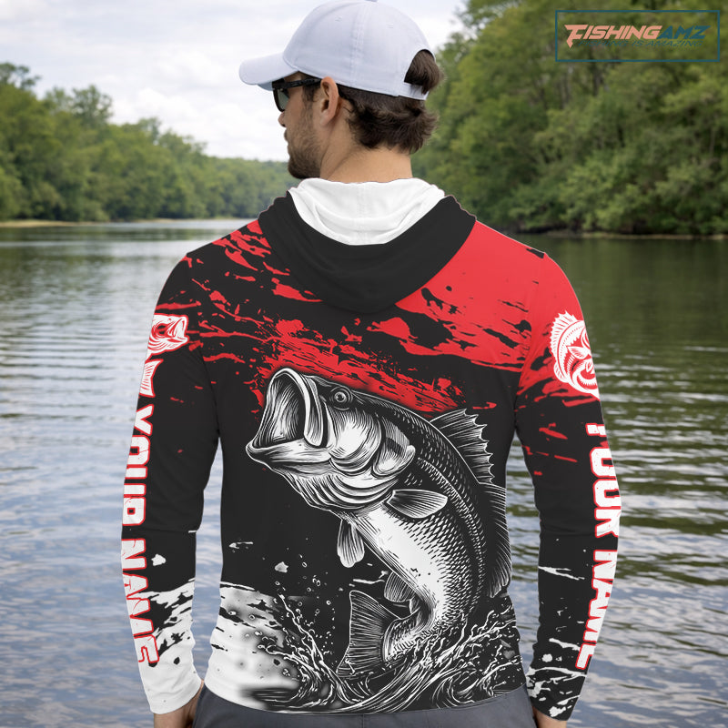 Custom Hooded Bass Fishing Jersey, Black And Red Bass Long Sleeve Tournament Fishing Shirts NHT492