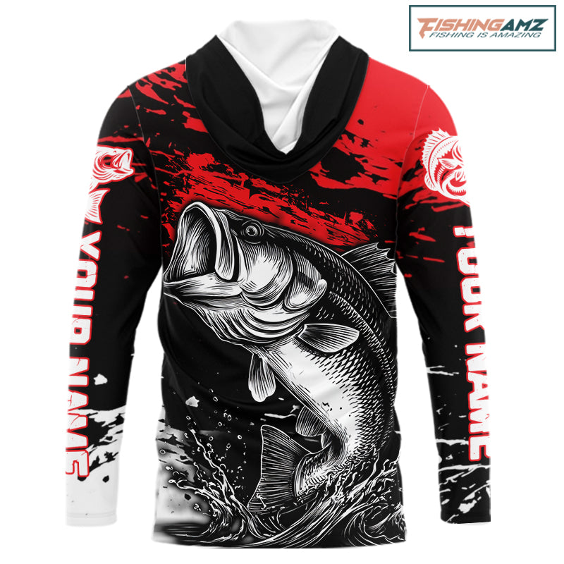 Custom Hooded Bass Fishing Jersey, Black And Red Bass Long Sleeve Tournament Fishing Shirts NHT492