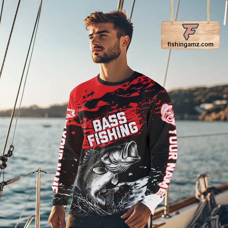 Custom Bass Fishing Jersey, Black And Red Bass Long Sleeve Tournament Fishing Shirts NHT492
