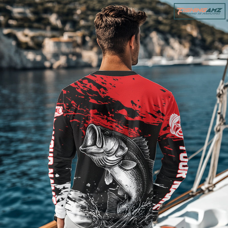 Custom Bass Fishing Jersey, Black And Red Bass Long Sleeve Tournament Fishing Shirts NHT492