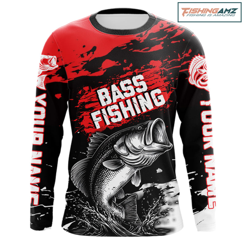 Custom Bass Fishing Jersey, Black And Red Bass Long Sleeve Tournament Fishing Shirts NHT492