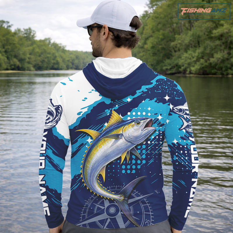 Custom Yellowfin Tuna Long Sleeve Hooded Fishing Shirts For Men, Design Tuna Fishing Jerseys NHT634