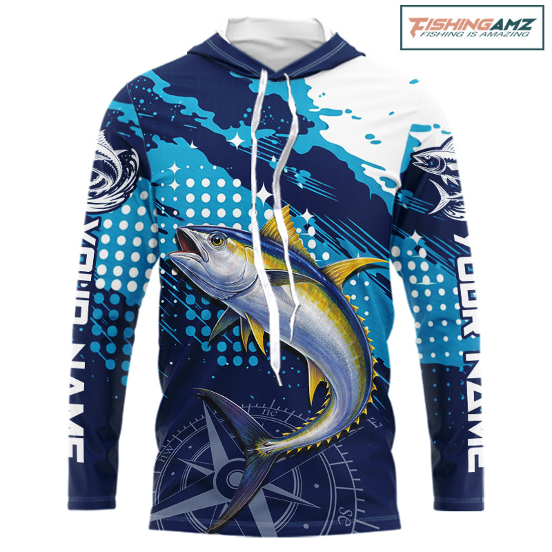 Custom Yellowfin Tuna Long Sleeve Hooded Fishing Shirts For Men, Design Tuna Fishing Jerseys NHT634