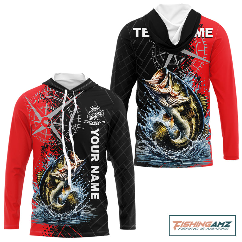 Personalized Hooded Bass Performance Fishing Shirts, Red Camo Bass Compass Tournament Shirts NHT495