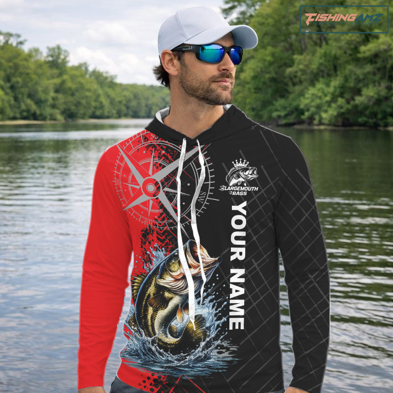 Personalized Hooded Bass Performance Fishing Shirts, Red Camo Bass Compass Tournament Shirts NHT495