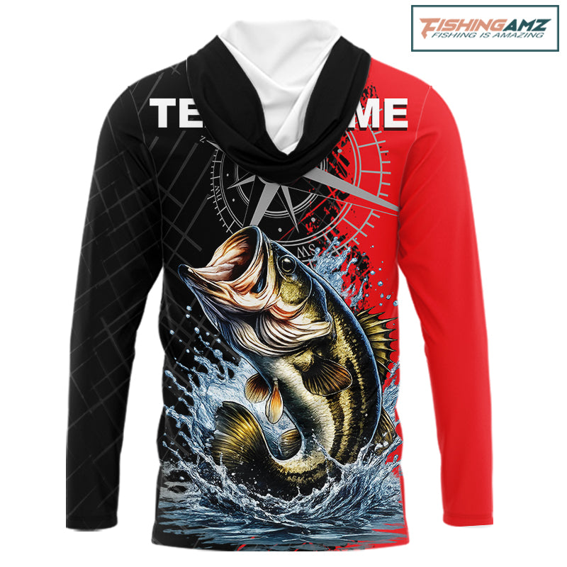 Personalized Hooded Bass Performance Fishing Shirts, Red Camo Bass Compass Tournament Shirts NHT495
