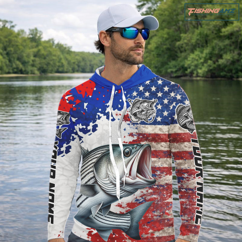 Custom Striped Bass Fishing Saltwater Performance Shirts, Hooded Fishing Shirt For Men NHT498