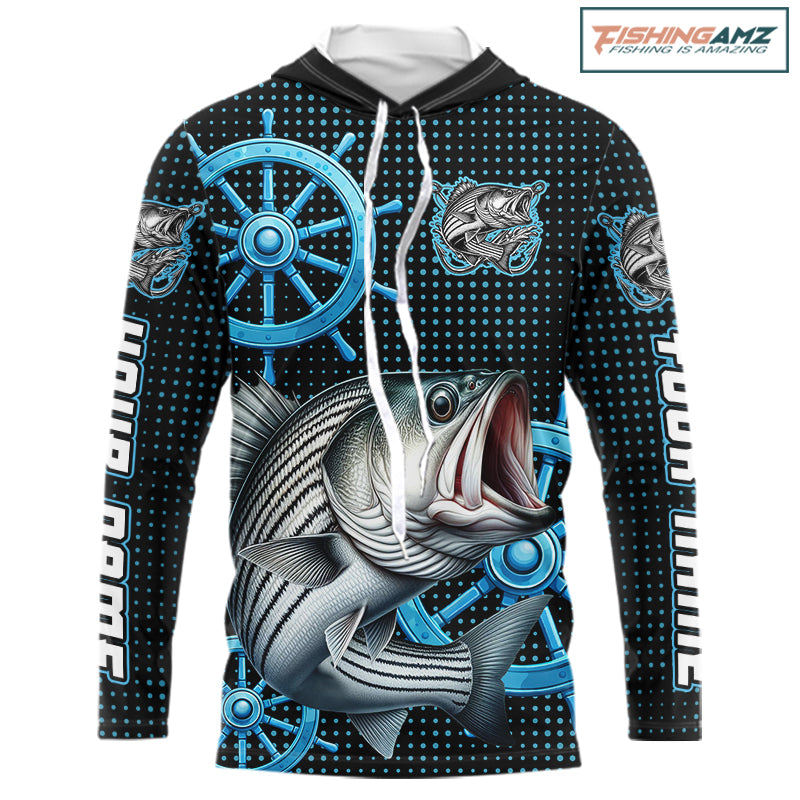 Personalized Striped Bass Fishing Jerseys, Bass Performance Hooded Fishing Shirt Custom Name NHT501