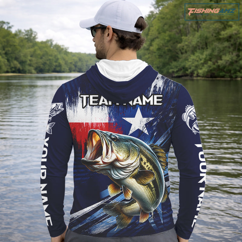 Personalized Bass Long Sleeve Performance Fishing Shirts, Hooded Bass Custom Texas Fishing Jersey NHT502