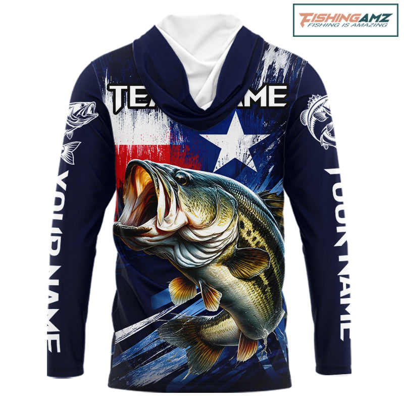 Personalized Bass Long Sleeve Performance Fishing Shirts, Hooded Bass Custom Texas Fishing Jersey