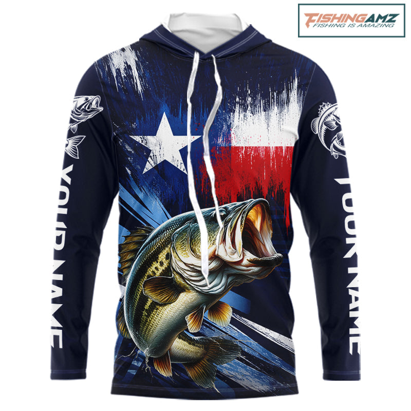 Personalized Bass Long Sleeve Performance Fishing Shirts, Hooded Bass Custom Texas Fishing Jersey