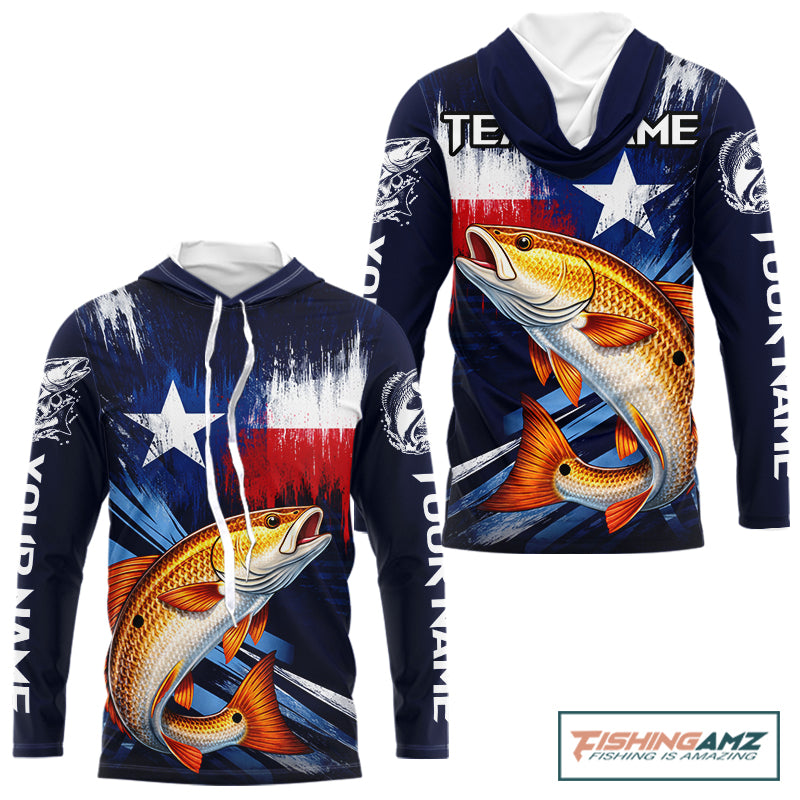 Personalized redfish hooded long sleeve performance fishing shirt, redfish custom Texas fishing jersey