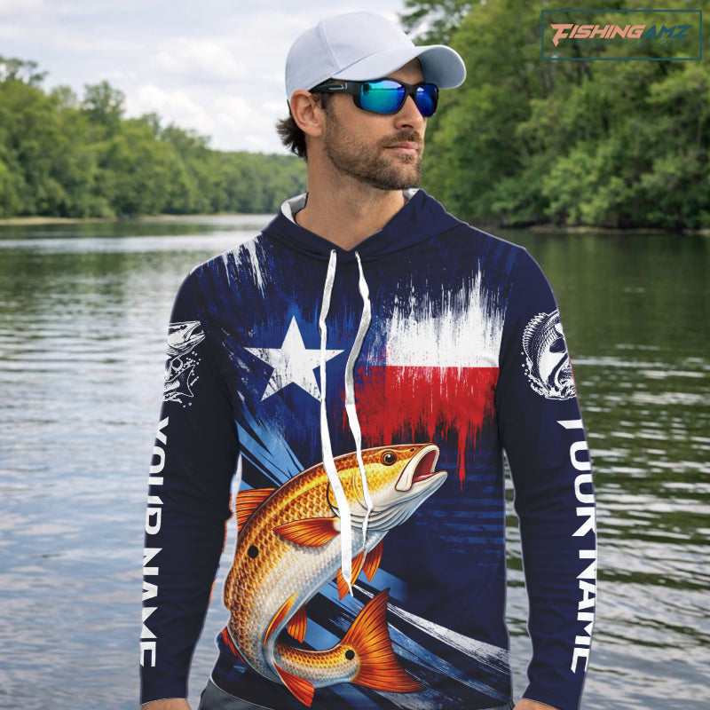 Personalized redfish hooded long sleeve performance fishing shirt, redfish custom Texas fishing jersey