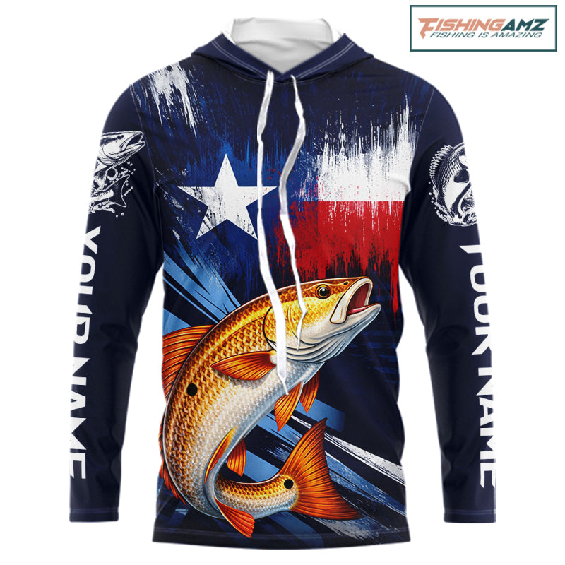 Personalized redfish hooded long sleeve performance fishing shirt, redfish custom Texas fishing jersey