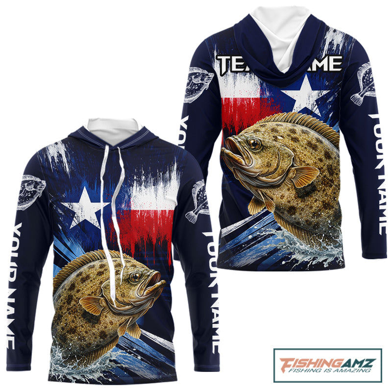 Personalized flounder hooded long sleeve performance fishing shirt with UPF 30+ protection, left and right sleeve name boxes, and team name customization