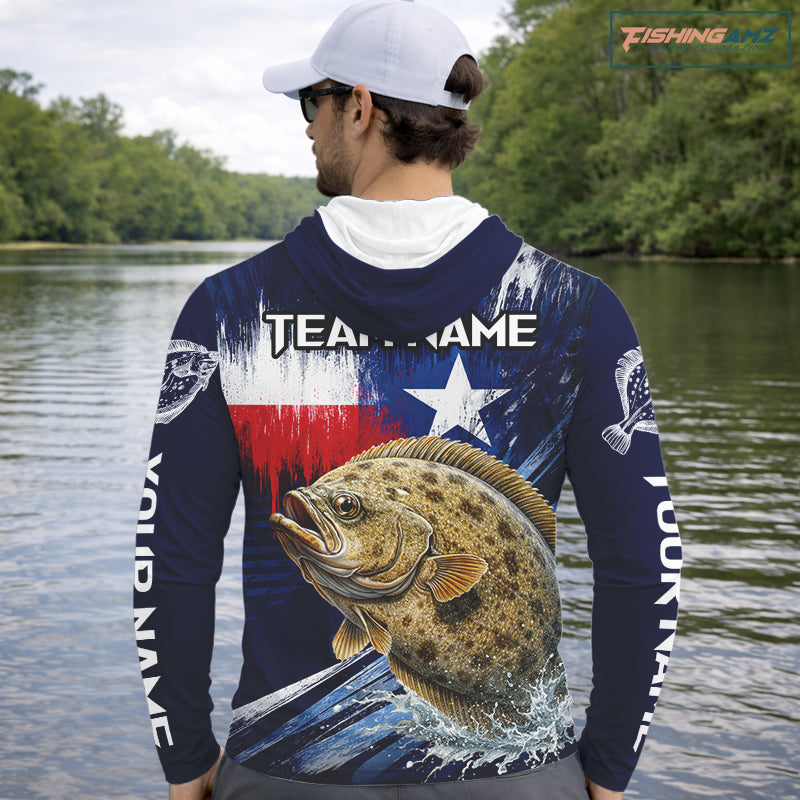 Personalized Flounder Long Sleeve Performance Fishing Shirts, Hooded Flounder Custom Texas Fishing Jersey NHT504