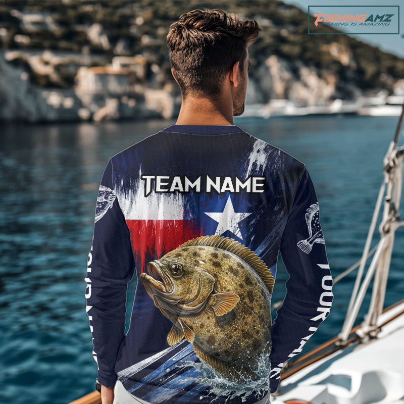 Personalized Flounder Long Sleeve Performance Fishing Shirts, Flounder Custom Texas Fishing Jersey NHT504