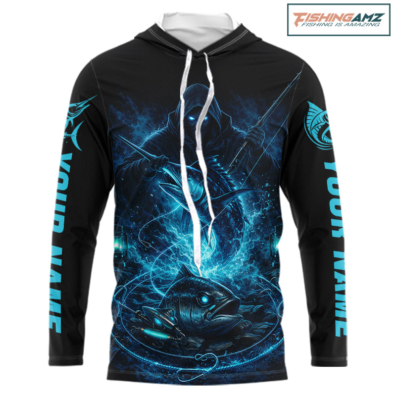 Personalized Marlin Fishing Shirt Long Sleeve Hooded For Men, Marlin Action Angler Shirt NHT436