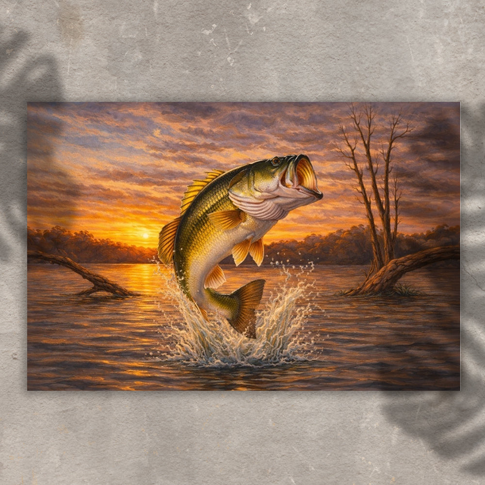 Jumping Bass Painting - Jumping Largemouth Bass Canvas Wall Art NHT440