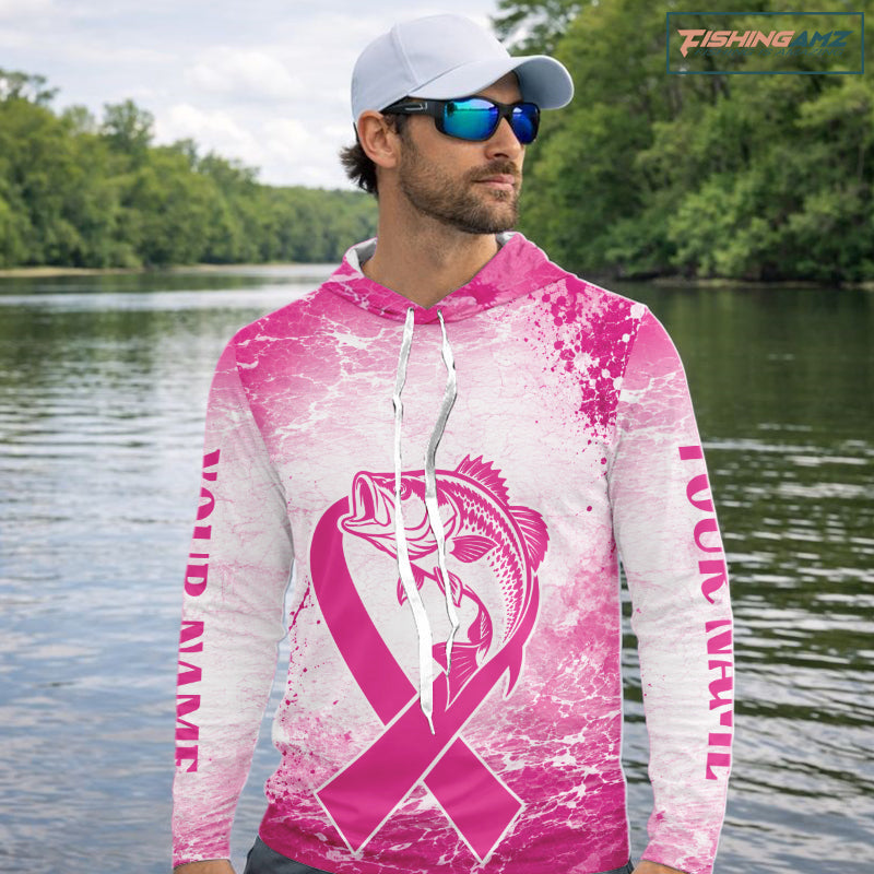 Pink Bass Fishing Shirt Hooded Long Sleeve, Breast Cancer Awareness Fishing Shirt, Bass Fisher Gift NHT1471