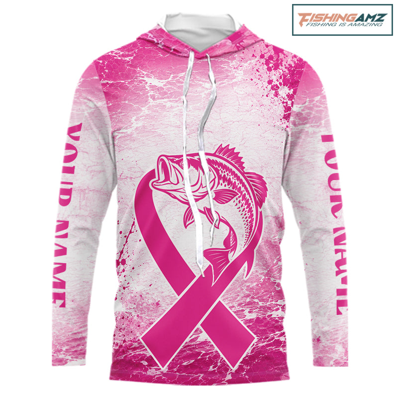 Pink Bass Fishing Shirt Hooded Long Sleeve, Breast Cancer Awareness Fishing Shirt, Bass Fisher Gift NHT1471