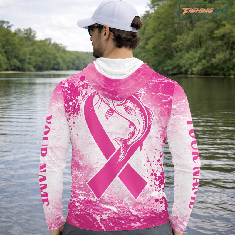 Pink Catfish Fishing Shirt Hooded Long Sleeve, Breast Cancer Awareness Fishing Shirt, Catfish Fisher Gift NHT1473