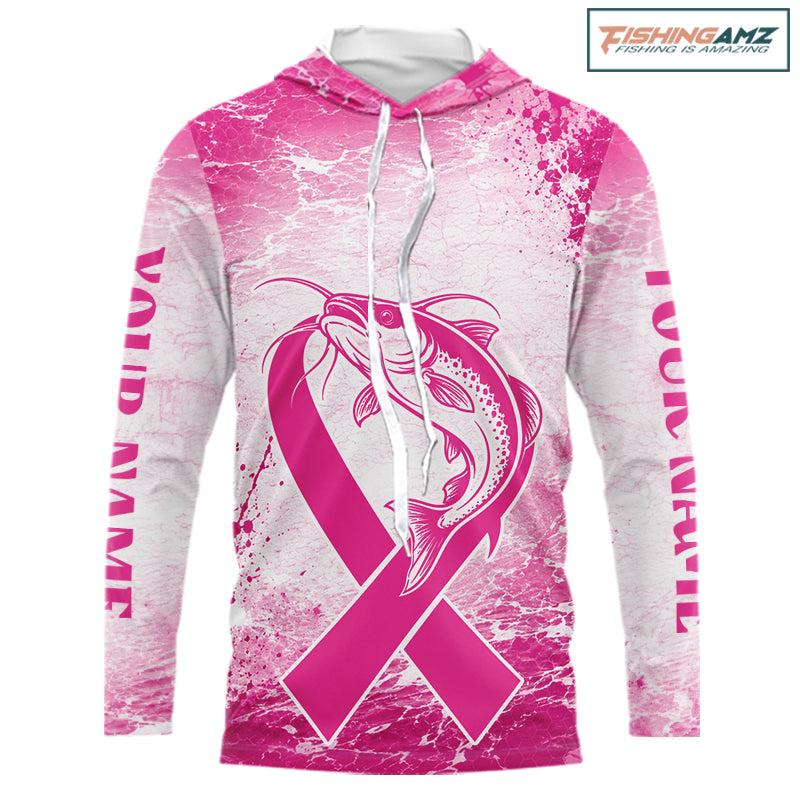 Pink Catfish Fishing Shirt Hooded Long Sleeve, Breast Cancer Awareness Fishing Shirt, Catfish Fisher Gift NHT1473