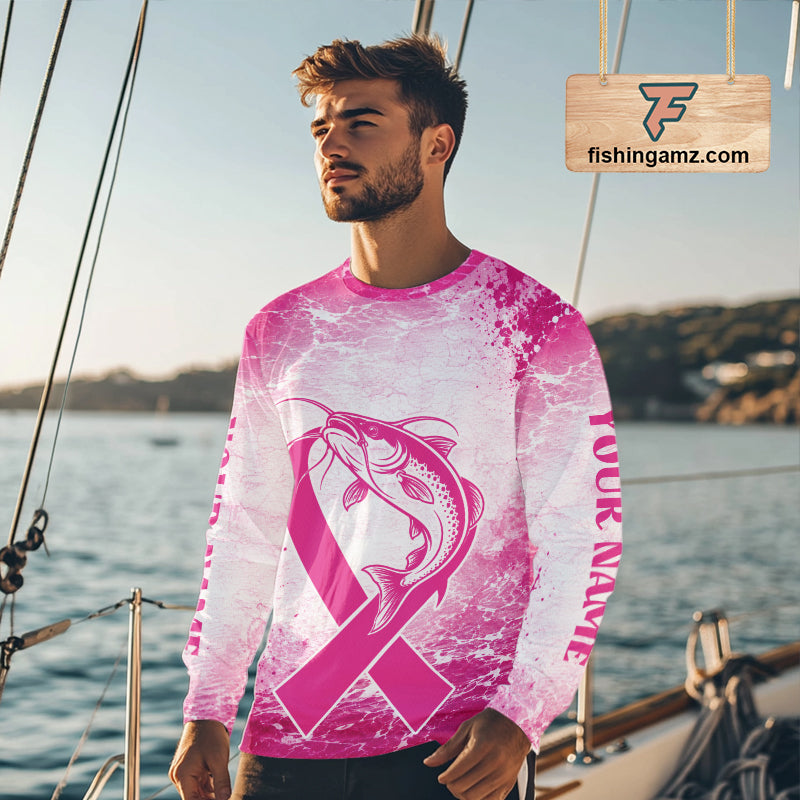 Pink Catfish Fishing Shirt Long Sleeve, Breast Cancer Awareness Fishing Shirt, Catfish Fisher Gift NHT1473