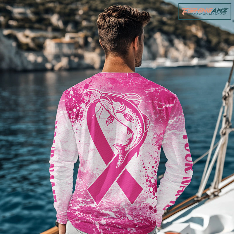 Pink Catfish Fishing Shirt Long Sleeve, Breast Cancer Awareness Fishing Shirt, Catfish Fisher Gift NHT1473