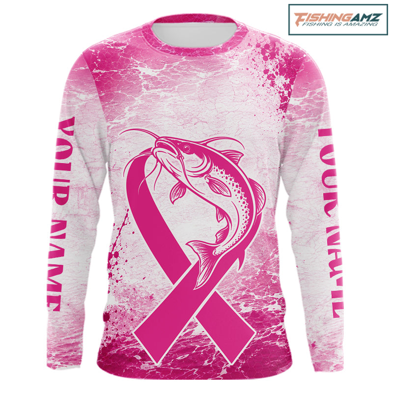 Pink Catfish Fishing Shirt Long Sleeve, Breast Cancer Awareness Fishing Shirt, Catfish Fisher Gift NHT1473