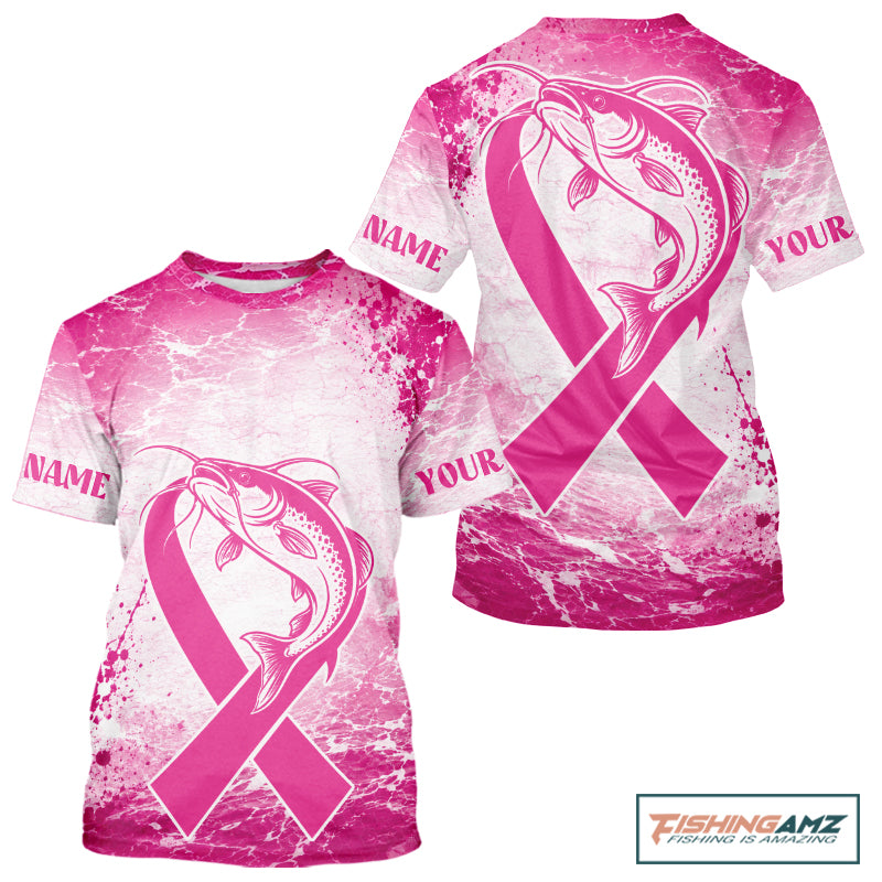 Pink Catfish Fishing Shirt Short Sleeve, Breast Cancer Awareness Fishing Shirt, Catfish Fisher Gift NHT1473