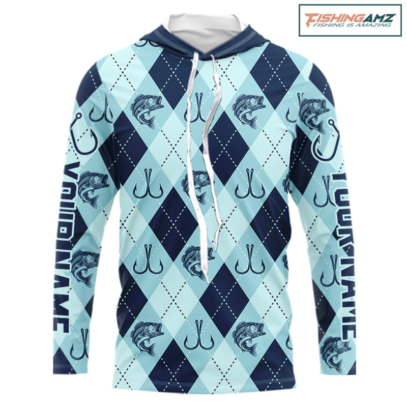 Personalized Largemouth Bass Fishing Hooded Long Sleeve Shirt, Argyle Fish Pattern Top NHT1481
