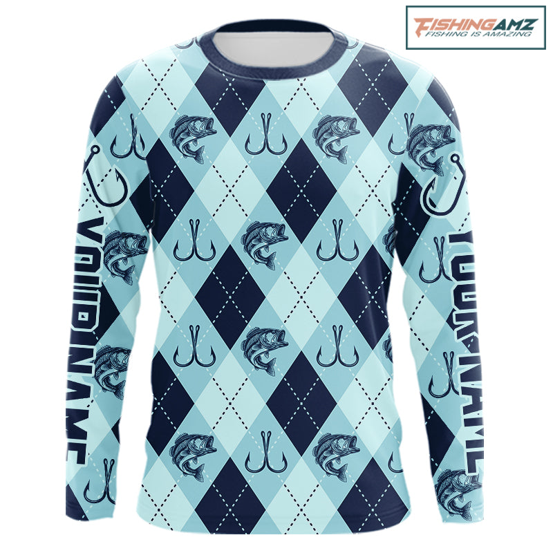 Personalized Largemouth Bass Fishing Long Sleeve Shirt, Argyle Fish Pattern Top NHT1481
