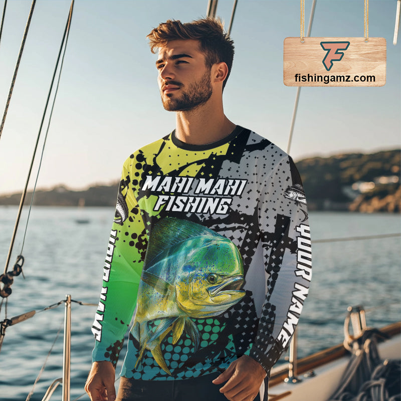 Mahi Mahi Fishing Shirt Green Camo Custom Name, Mahi Mahi Fishing Team Jerseys NHT444