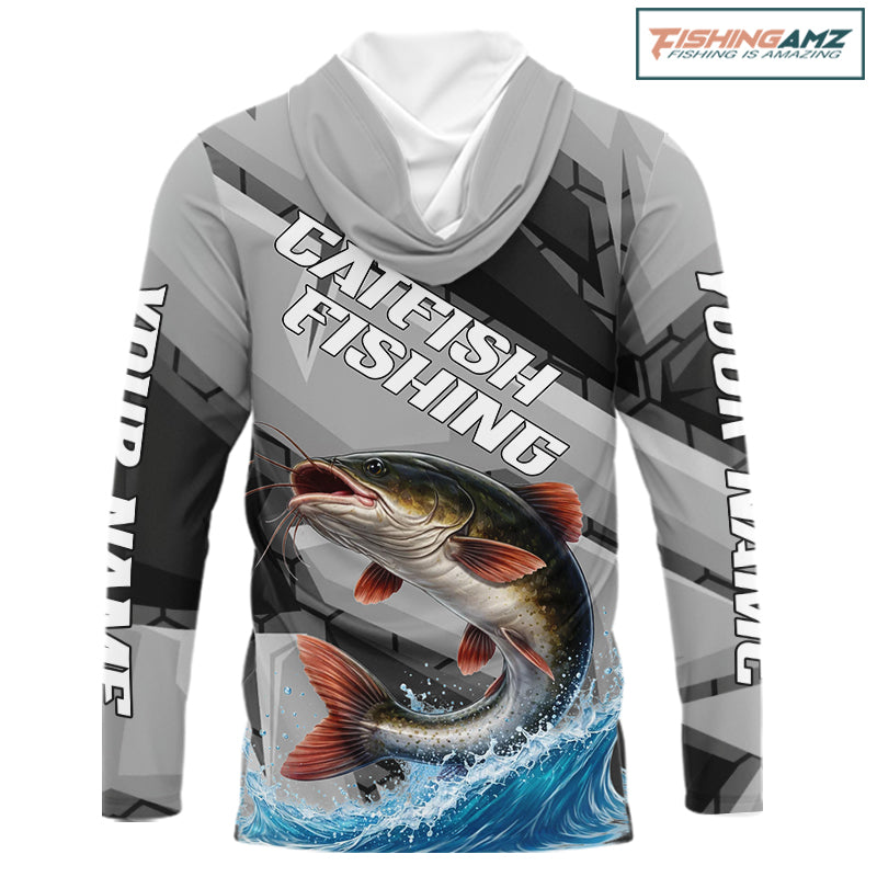 Gray Camo Custom Catfish Fishing Shirts Long Sleeve Hooded, Catfish Fishing Jerseys For Men NHT445