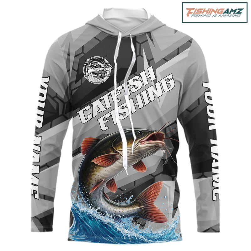 Gray Camo Custom Catfish Fishing Shirts Long Sleeve Hooded, Catfish Fishing Jerseys For Men NHT445