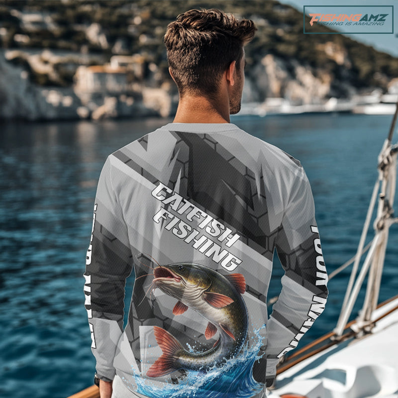 Gray Camo Custom Catfish Fishing Shirts Long Sleeve, Catfish Fishing Jerseys For Men NHT445