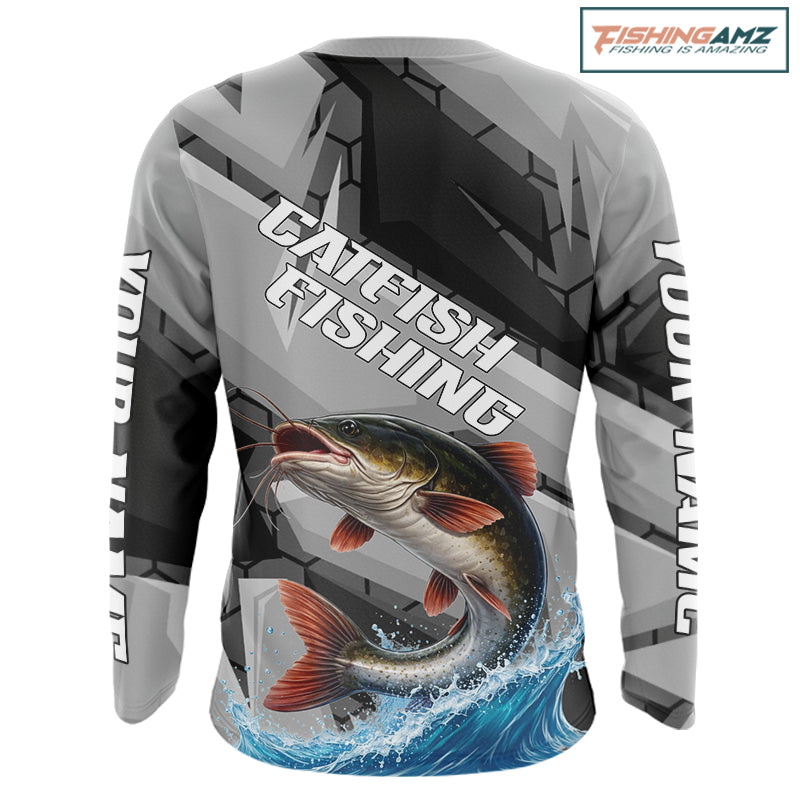 Gray Camo Custom Catfish Fishing Shirts Long Sleeve, Catfish Fishing Jerseys For Men NHT445