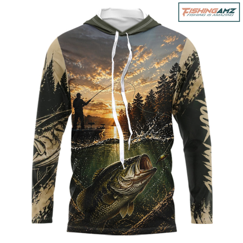 Personalized Bass Hooded Fishing Shirt – Angler Sunset Lake Design, Outdoor Fishing Apparel Gift For Dad NHT866