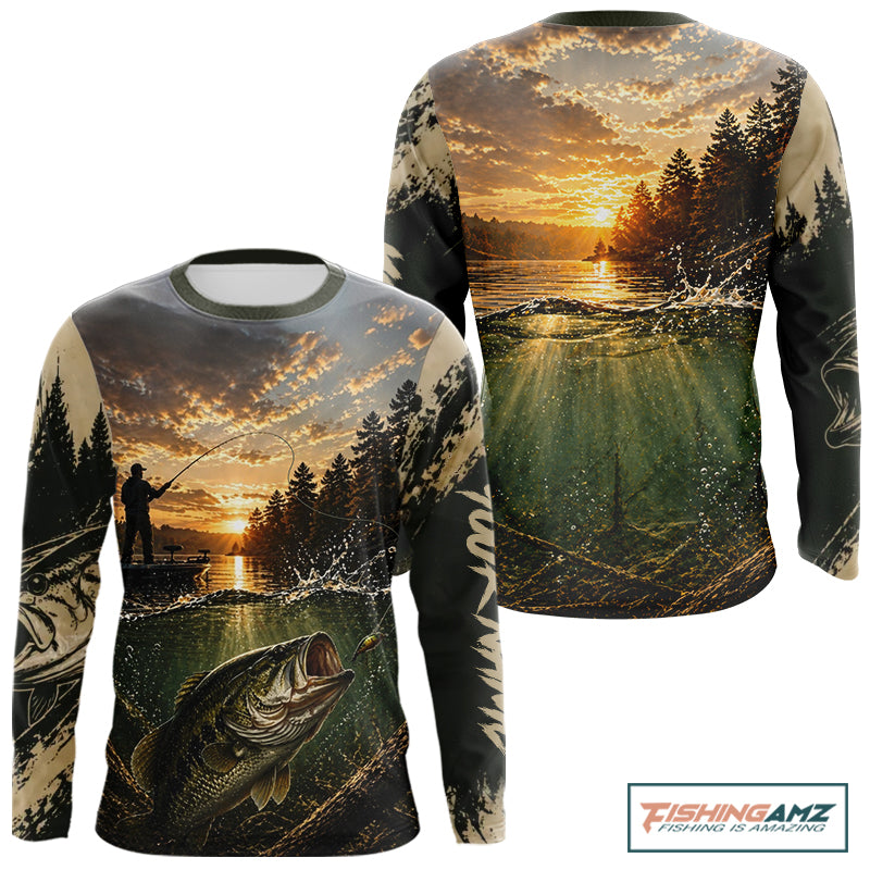 Personalized Bass Fishing Shirt – Angler Sunset Lake Design, Outdoor Fishing Apparel Gift For Dad NHT866