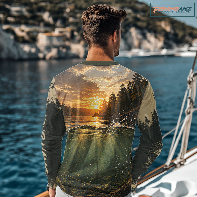 Personalized Bass Fishing Shirt – Angler Sunset Lake Design, Outdoor Fishing Apparel Gift For Dad NHT866