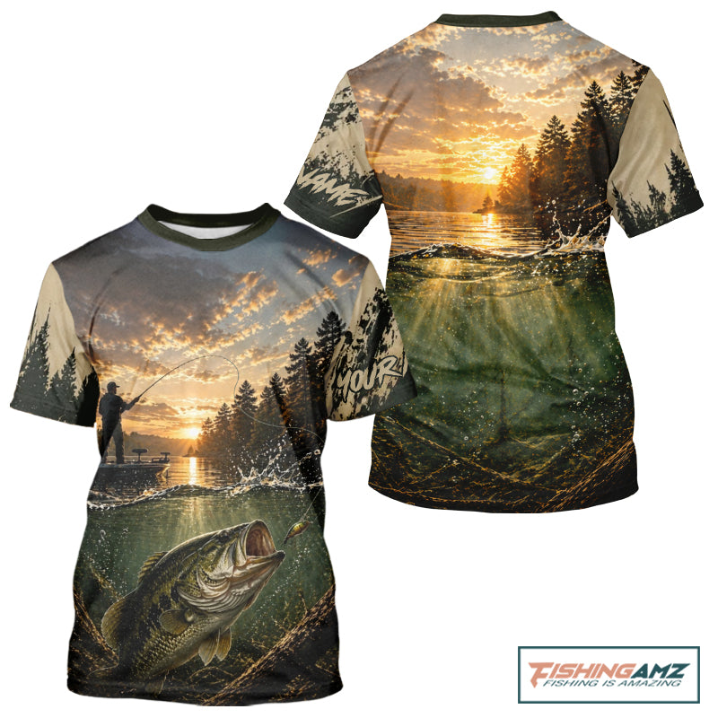 Personalized Bass Short Sleeve Fishing T-shirts – Angler Sunset Lake Design, Outdoor Fishing Apparel Gift For Dad